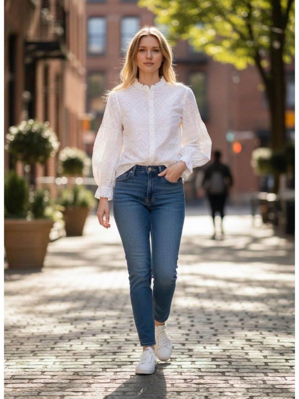Adiva White Eyelet Cotton Blouse Long Sleeve Ruffled Collar Medium Lightweight